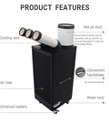 Heavy-Duty 22500 BTU Portable AC Cooler For Shops Garages And Warehouses with cooling vents, casters, and water tank.