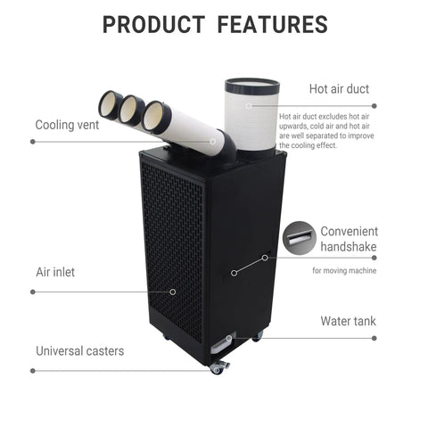 Heavy-Duty 22500 BTU Portable AC Cooler For Shops Garages And Warehouses with cooling vents, casters, and water tank.