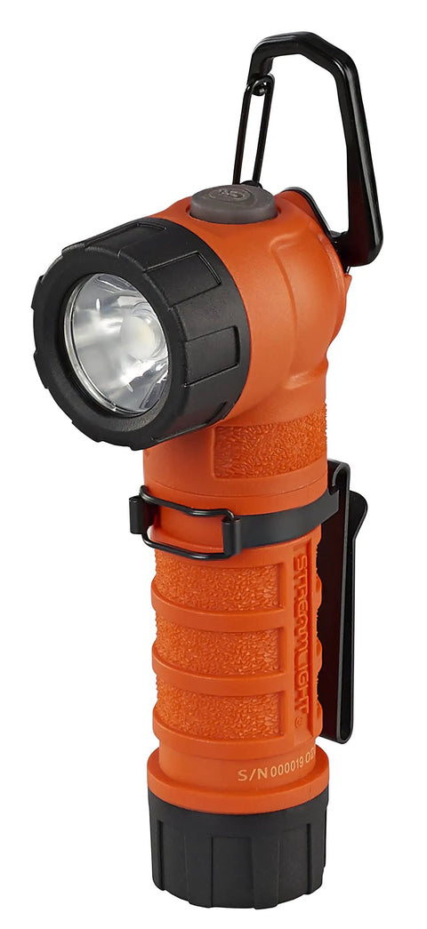 Orange PolyTac 90X USB Right Angle LED Flashlight With Gear Keeper, compact and hands-free, shown standing and angled left