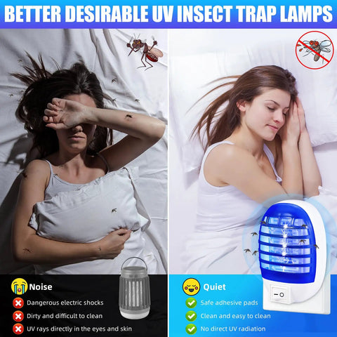Comparison of woman with mosquito bites next to Plug In Indoor Bug Zapper With LED Light For Home Use, 360 Degree Mosquito And Fruit Fly Killer