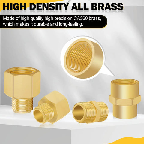 90 Piece Brass NPT Pipe Fittings Kit with Hex Couplings and Reducing Bushings, showing high-density brass fittings.