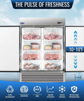 Top Notch Commercial Reach In Freezer Made From Solid Stainless Steel With A Roomy 49.6 Cubic Foot Hold And Sure Fire Digital Thermostat Controls Minus 10 To Plus 10 Degrees Plus Hassle Free Defrost For Busy Bars Restaurants And Shops, showcasing frozen meats and prepared foods.
