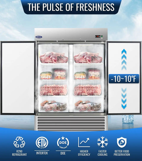 Top Notch Commercial Reach In Freezer Made From Solid Stainless Steel With A Roomy 49.6 Cubic Foot Hold And Sure Fire Digital Thermostat Controls Minus 10 To Plus 10 Degrees Plus Hassle Free Defrost For Busy Bars Restaurants And Shops, showcasing frozen meats and prepared foods.
