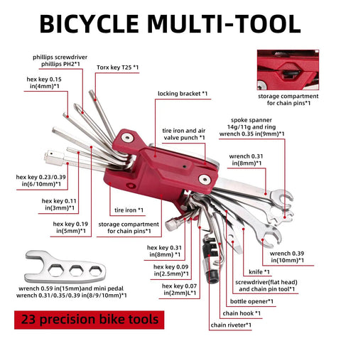 Bike Repair Multitool Kit 21 In 1 With Carry Case Portable Cycling Tool Set open to show multiple tools including hex keys and wrenches.