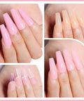 Soak Off UV LED Hema Free Nude Gel Nail Polish Set 4x10ml Natural Sheer Pink Colors on nails, four styles showcased.