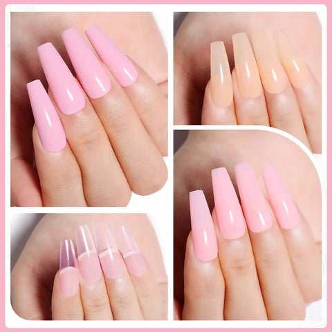 Soak Off UV LED Hema Free Nude Gel Nail Polish Set 4x10ml Natural Sheer Pink Colors on nails, four styles showcased.