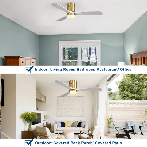 52 Inch Modern Ceiling Fan With Light And Remote, Quiet DC Motor in bedroom and patio settings, solid wood blades, flush mount