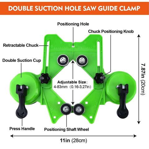 Front view of green hole saw guide clamp with double suction cups and adjustable 4–83mm tile drill guide