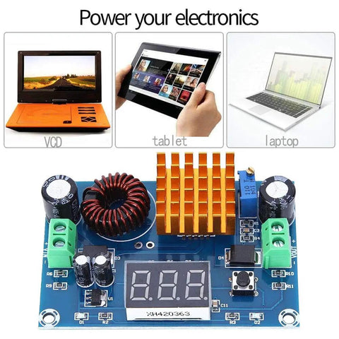 Power Up Your Projects With This DC-DC Boost Converter Module 3-35V To 5-45V Adjustable Output Regulator For Solar Panels And Electronics, Easy Screw Terminal Setup, Wide Input Range with digital display and components visible.