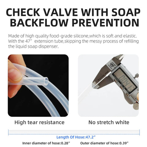 Close-up of 47 Inch Under Counter Sink Soap Dispenser Extension Tube Kit with Upgraded Metal Check Valve showing measurements.