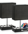 Fully Dimmable Bedside Lamps With USB C Ports And Two Outlets, Set Of 2 Wooden Desk Lamps With Phone Stand, Black Shade