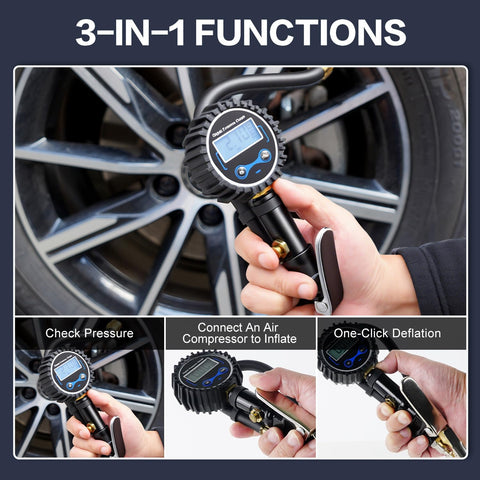 Digital Tire Pressure Gauge With Inflator And 250 PSI Heavy Duty Air Chuck Quick Connect Hose For Cars And Inflatables in use