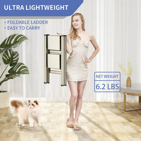 Woman holding Three Step Folding Ladder Stool With Anti Slip Wide Pedals Aluminum Portable Lightweight Handy Everyday Use for Adults Multi Use At Home And Kitchen Black 330 Lbs Capacity, with a cat nearby indoors
