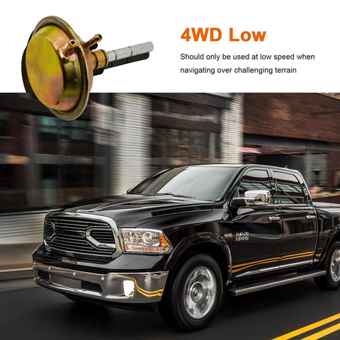 4WD vacuum shift actuator for front axle; orange metal finish, with a black Dodge Ram pickup