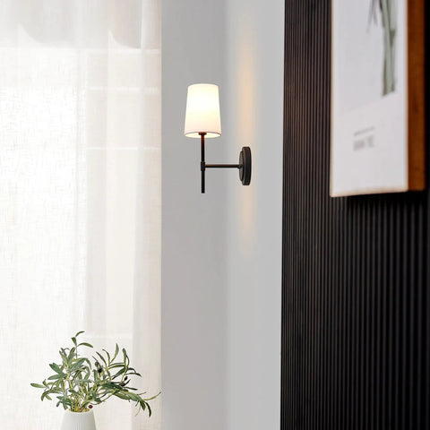 Matte Black 1-Light Wall Sconce With White Fabric Shade, Dimmable Transitional Lantern Style Wall Light for Living Room