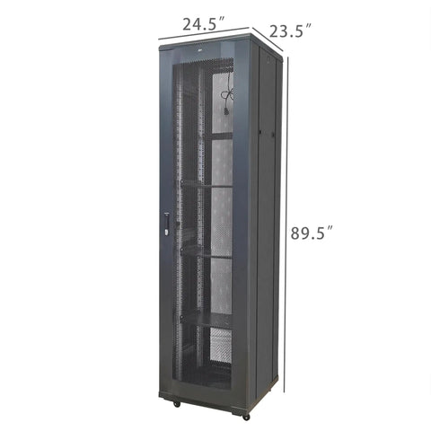 Solid Build 48U Server Cabinet Rack With Top Vents And Two Shelves Secure Locking Doors For It Networking Gear Eighty Six Inches side view with dimensions.