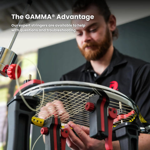 Technician using Spring Tension Stringing Machine With 6 Point Mounting System Swivel Base And Spring Tension Winder