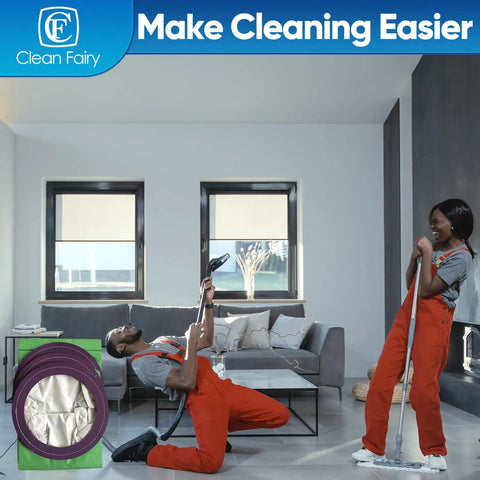 Two people cleaning a living room with vacuum bags shown in the corner, labeled 'Make Cleaning Easier' by Clean Fairy.