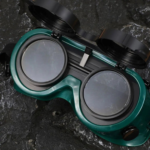 Four Pack Heavy Duty Welding Safety Goggles With Anti Scratch Coating And Double Flip Up Lenses showing dual flip lenses open.