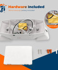 LED Emergency Light With Battery Backup For Biz, UL 924 Listed, open view of wiring and battery compartment with included hardware