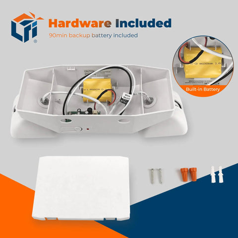 LED Emergency Light With Battery Backup For Biz, UL 924 Listed, open view of wiring and battery compartment with included hardware