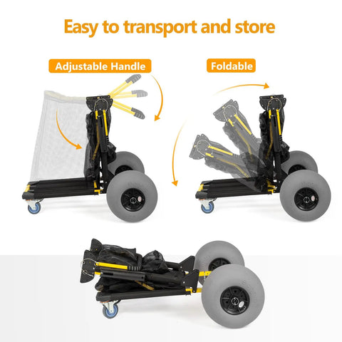 Foldable 2 In 1 Beach Wagon Cart With 12 Inch Balloon Wheels and adjustable handles, shown in folded position for storage.