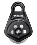 Front view of Heavy Duty Rescue Pulley with Swing Plate for Zipline and Climbing, black aluminum magnesium alloy, 30kN strength.