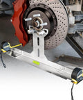 Garage Ready Heavy Duty Wheel Alignment Tool Kit With Tape Measures For Cars Trucks And SUVs Stainless Steel Toe Alignment Tools Hub Stands And Balancing Plates Easy Front And Rear Toe Check Patent Design installed on vehicle wheel