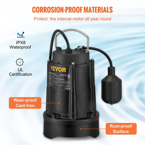 Beefy Half HP Submersible Sewage Pump With 4320 GPH Flow For Indoor And Outdoor Drainage Cast Iron And Stainless Steel Sump