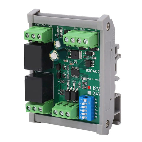Pro Grade RS485 Relay Module Two Channel Industrial Reset Controller Board With TvS Protection PLC Automation DC 12V close-up of wiring terminals