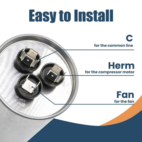 Top view of Dual Run Capacitor 45 Plus 5 MFD For HVAC And Air Conditioners 370 To 440 Volt Six Percent Tolerance A Class connectors labeled