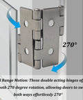 Double Acting Hinges 12 Pack, 270 Degree Self Closing Cabinet Hardware showing silver heavy duty hinge with 270 degree motion.