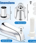 Upgrade Your Bath Game Fast With This Pro Tub Faucet Replacement Kit Including Diverter Spout And Three Handle Knobs For A Sleek Stainless Steel Finish That Fits Standard Connections. Dimensions image of stainless steel bath tub spout, 3 knobs, and 3/4 adapter
