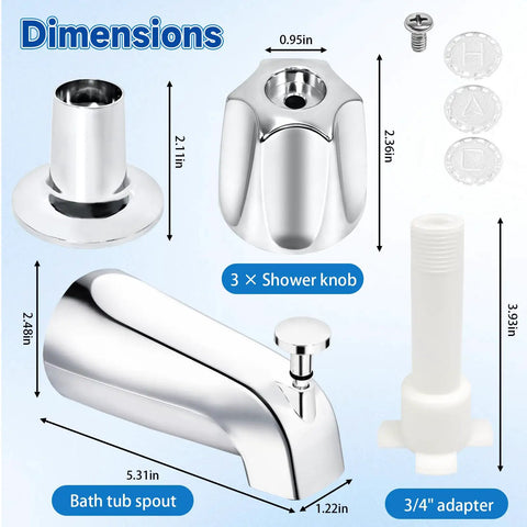 Upgrade Your Bath Game Fast With This Pro Tub Faucet Replacement Kit Including Diverter Spout And Three Handle Knobs For A Sleek Stainless Steel Finish That Fits Standard Connections. Dimensions image of stainless steel bath tub spout, 3 knobs, and 3/4 adapter
