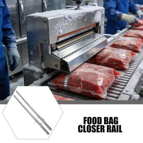 Heavy Duty Plastic Bag Rail Replacement for Packaging Machines and Sealing Equipment Pro Grade Supermarket Tough Ultra Durable and Efficient Rail for Commercial Food Packaging and Retail Bags, silver metal rail in meat bag sealing machine