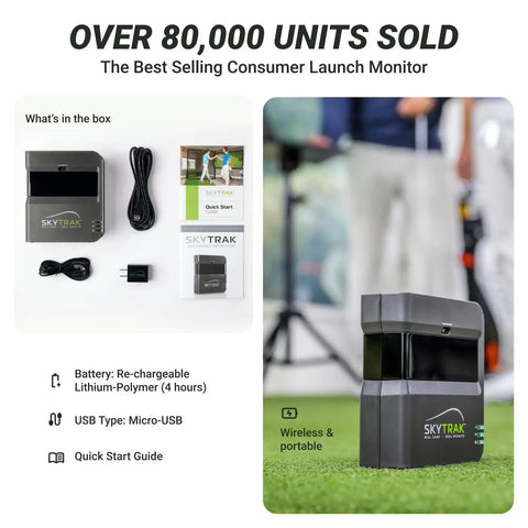 Portable Golf Launch Monitor With Real Time Feedback And Photometric Tech For Ball Speed Carry Total Distance Spin Rates Launch And Shot Shape Data Plus Golf Simulator And Practice displayed with accessories including cable and charger.