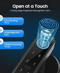 No Sweat 4 In 1 Smart Door Lock With Rapid Fingerprint Scanner showing fingerprint recognition technology and keypad close-up.