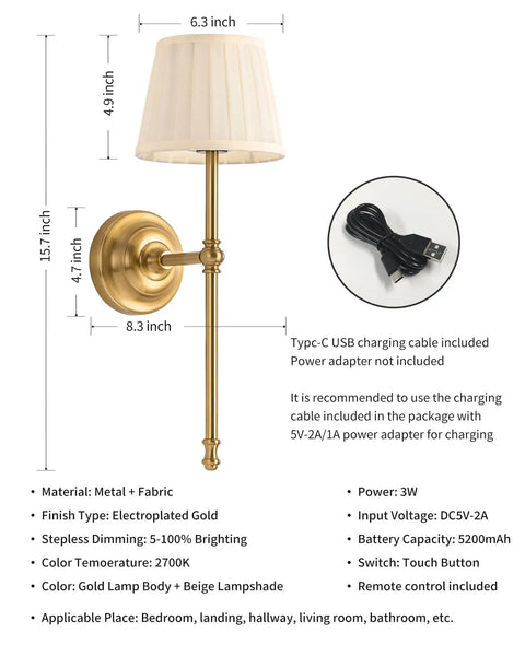 Legit Dope Gold Cordless Wall Sconces Set Of Two With Soft Beige Fabric And Warm LED Lighting featuring touch switch.
