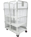 Hella Sturdy Foldable Warehouse Trolley With Reinforced Mesh Cargo Cage And Double Access Doors Commercial Rolling Utility Cart with 4 shelves.