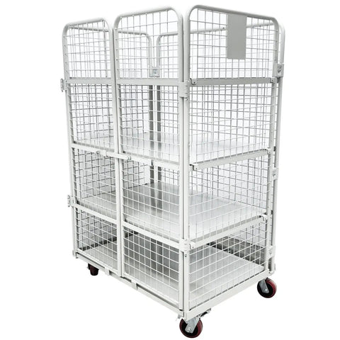 Hella Sturdy Foldable Warehouse Trolley With Reinforced Mesh Cargo Cage And Double Access Doors Commercial Rolling Utility Cart with 4 shelves.