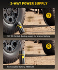 Dual Cylinder Portable Tire Inflator With Digital Gauge 150 PSI 100W 12V DC Car SUV Truck Bike Motorcycle Pump next to a tire