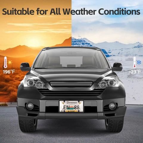 Front view of car with Tennessee plate using Two Pack Clear License Plate Frame And Protector Set For Front And Rear ABS Car Plate Covers With Screws Caps Fits Any Standard US Plates Weatherproof Anti Theft Compatible, set against desert and snow backgrounds.