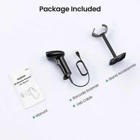 Package contents of USB Wired Barcode Scanner With Stand For Computer And POS 2D 1D QR Code Reader Handheld CMOS Image Barcode Scanner.