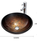 USZWBY Bathroom Vessel Sink with Faucet and Drain Combo Vessel Bowl Sink Tempered Glass Countertop Sink Bowl Round Brown Art Above Counter Sink Art Basin, Thickness 12 Cm, 420mm size, 145mm height, richly patterned surface.