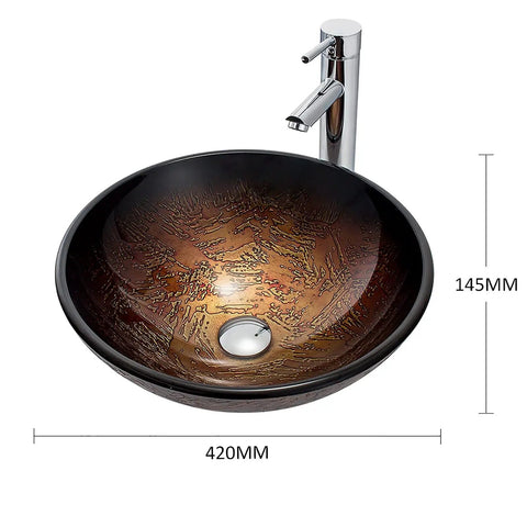 USZWBY Bathroom Vessel Sink with Faucet and Drain Combo Vessel Bowl Sink Tempered Glass Countertop Sink Bowl Round Brown Art Above Counter Sink Art Basin, Thickness 12 Cm, 420mm size, 145mm height, richly patterned surface.