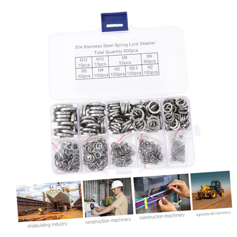 600 Piece Stainless Steel Spring Washers Kit Split Lock Gaskets For Vibration Dampening And Anti Loosening Hardware Assortment Perfect For Cars Trucks Buses Machinery And Marine Equipment In Tough Vibration Environments, 304 steel case