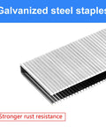 Close-up of galvanized steel staples showing rust resistance detail, part of Assorted 16 Gauge 7/16 Crown Staples For Woodworking Galvanized Steel 3/4 Inch, 1 Inch, 1-1/2 Inch, 2 Inch 1120 Count Project Pack Fits Most 16 GA Pneumatic Or Electric Staplers Or Staple Guns.