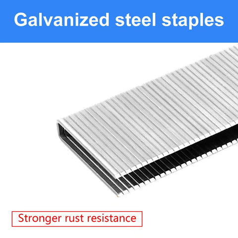 Close-up of galvanized steel staples showing rust resistance detail, part of Assorted 16 Gauge 7/16 Crown Staples For Woodworking Galvanized Steel 3/4 Inch, 1 Inch, 1-1/2 Inch, 2 Inch 1120 Count Project Pack Fits Most 16 GA Pneumatic Or Electric Staplers Or Staple Guns.