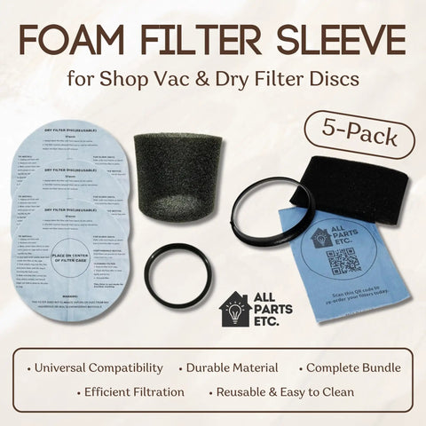 Foam Filter Sleeve Kit For Wet Dry Vacs That Snaps On Easy, includes foam sleeve, dry filters, mounting ring, universal fit