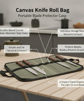 Green canvas Knife Roll Bag With Individual Slots For Safe, On The Go Blade Storage Portable Protector Case on wooden table